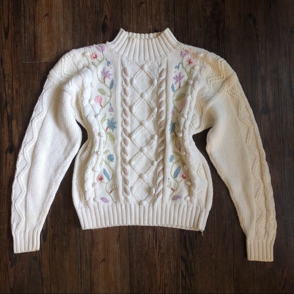 Vintage Cream Shabby Chic Turtle Neck Sweater